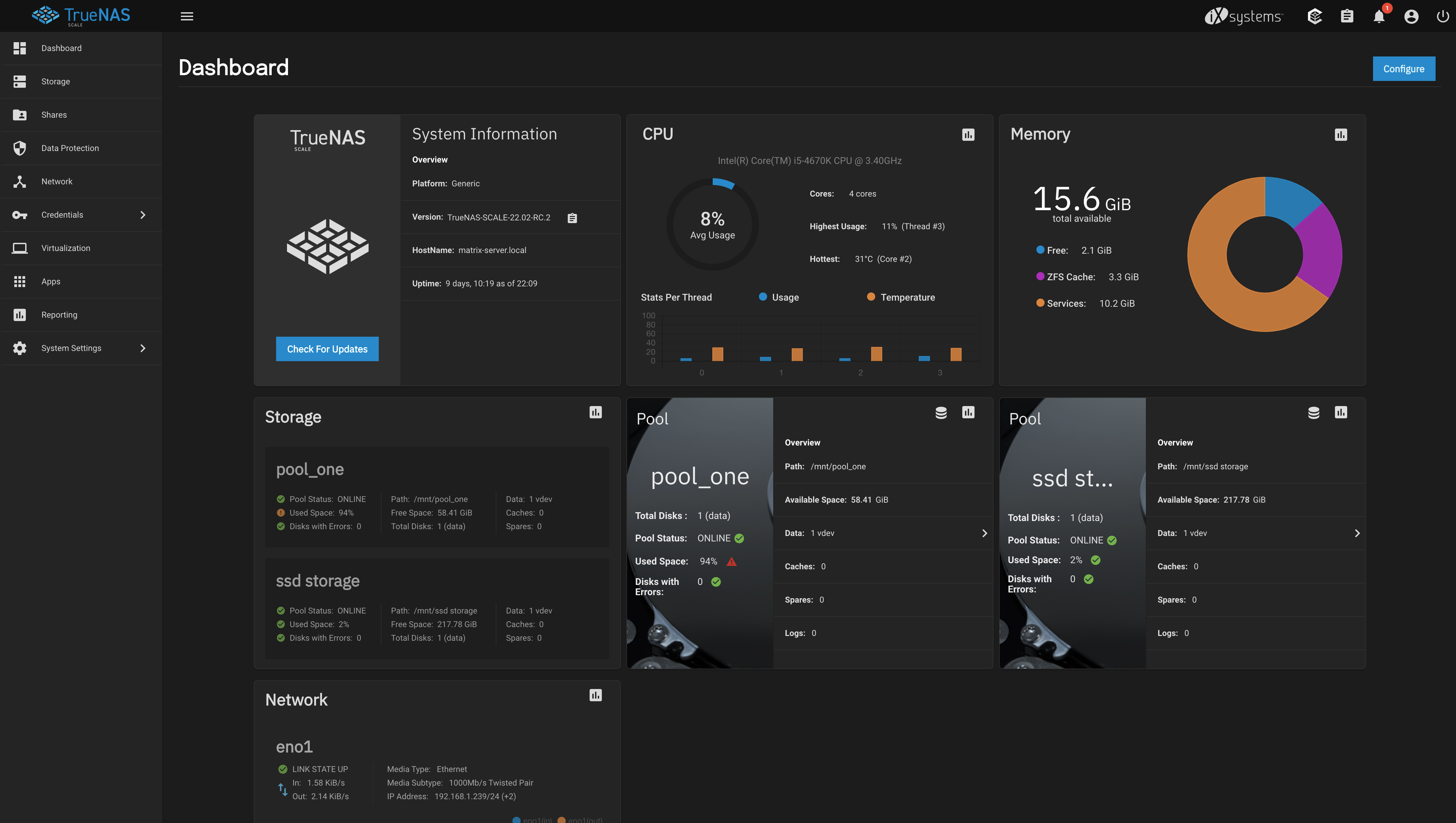 TrueNas Scale Dashboard